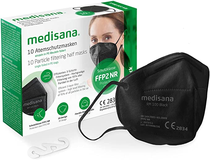 Medisana FFP2 Respirator Mask Black Dust Mask Breathing Mask RM 100 Dust Mask Mouth Mask 10 Pieces Individually Packed in PE Bag with Clip - Certified CE2834 - EU 2016/425