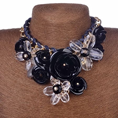 Juicart Women Charm Flower Crystal Statement Necklaces Chunky Chain Choker Collar Pendant (Black)