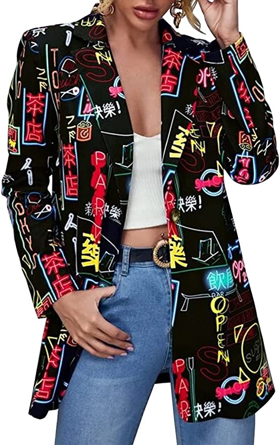 FLYCHEN Women Open Front Blazer Colorful Print Long Sleeve Newspaper Print V Neck Suit Jacket