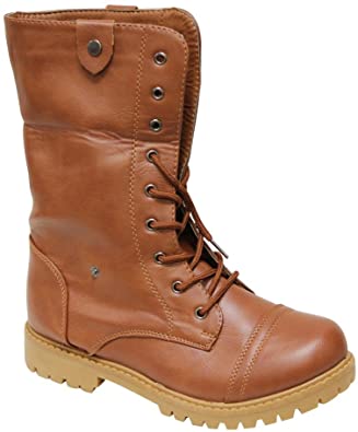 ANNA Dallas-12 Women's Round Toe mid Calf Cuffed Opening Lace up Plaids & Checks Lining Military Combat Comfort PU Boots Tan 7