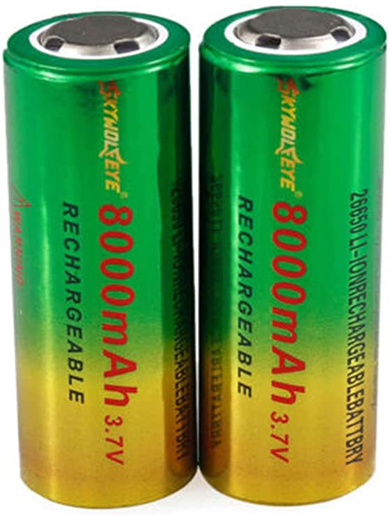 High Power Battery, 2-Pack 3.7 Volt RCR123A 8000mAh 26650 Flat Top Rechargeable Battery for LED Torch, Flashlight and More(Not Button Top, Not AA or AAA Battery)