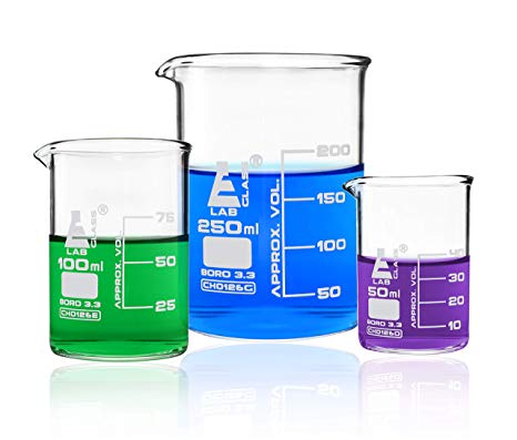 Premium Beaker Set, 250ml, 100ml & 50ml - Low Form, White Graduations - Superior Durability & Chemical Resistance - Borosilicate 3.3 Glass - Eisco Labs