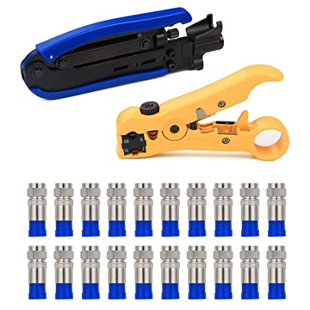 Coaxial Compression Tool,KISENG Coax Cable Crimper Kit Adjustable RG6 RG59 RG11 Coaxial Cable Stripper with 20 PCS F Connectors