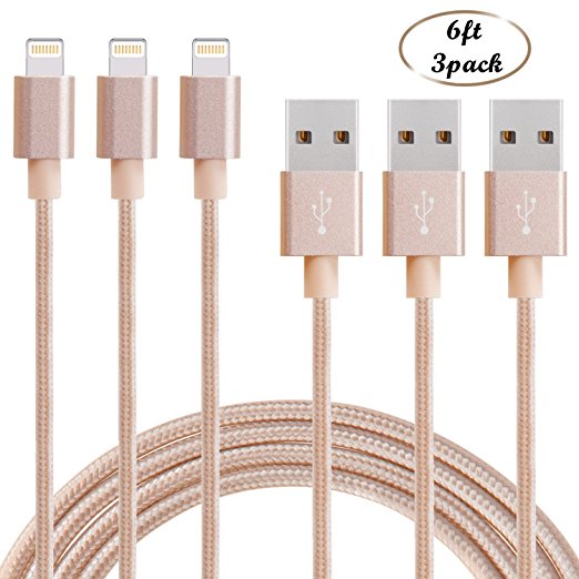 SUMOON iPhone Charger 3Pack 6FT Nylon Braided 8Pin Lightning to USB Sync & Charging Cable Cord Compatible with iPhone 7/7 Plus/6/6s/6s Plus/6 Plus/5s/5c/5/SE, iPad Pro, Air 2, iPad/iPod (Gold)