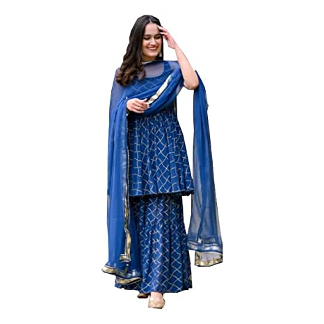 Royal Export Women's Blue Color Viscose Gold Printed Kurta Sharara Set with Dupatta for Women