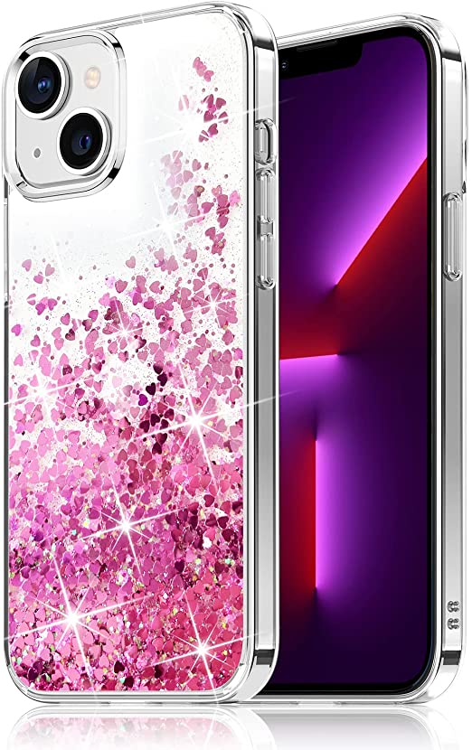 Gospire Glitter Case Design for iPhone 13 6.1 Inch Shockproof Hard PC with Soft TPU Edge, Anti-Scratch iPhone 13 Sparkle Case for Women Girls (Pink)