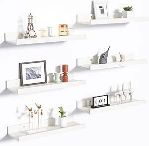 upsimples Floating Shelves for Wall, Wall Shelves for Decor Storage Set of 6, Wall Mounted Wood Shelves for Bedroom, Living Room, Bathroom, Kitchen, Picture Ledge Shelves, White