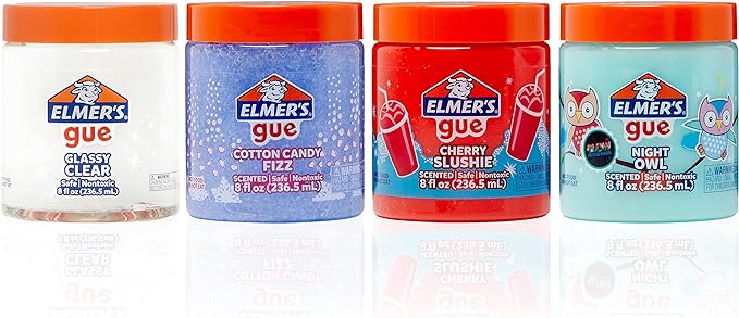 Elmer's Gue Premade Slime, Variety Pack, Includes Clear Slime, Glow in the Dark Slime, Crunchy Slime, 4 Count