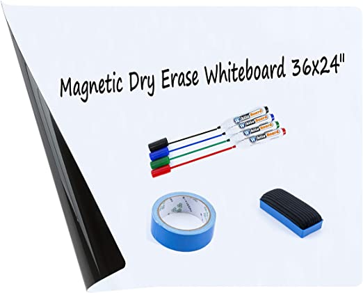 Magnetic Dry Erase Whiteboard Sheet for Kitchen Fridge/Walls/Office /School with Stain-Proof Technology-Three Sizes-Include 4 Markers/1 Eraser/1 Tape Super Sticky Cut Free Magnetic White Board 36x24"