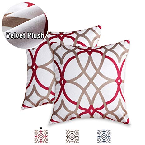 H.VERSAILTEX Pillows Cover 2 Pack 18 x 18 inch Decorative Throw Pillows Machine Washable Ultra-Luxury Durable Velvet Plush Pillowcase for Hair and Skin with Hidden Zipper, Taupe and Red Geo Pattern