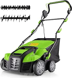 Goplus 2-in-1 Scarifier and Lawn Dethatcher, 16-Inch 15A Corded Electric Dethatcher w/ 14.5-Gal Collection Bag, 3-Position Height Adjustment & 5-Position Depth Adjustment, for Grass Garden Yard