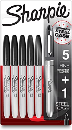 SHARPIE Permanent Markers with Stainless Steel Marker Case, Fine Point, Black, 6 Count