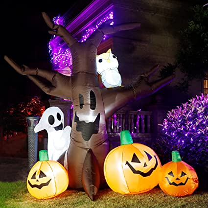 yofit Halloween Inflatable 8 Ft Ghost Tree with Pumpkin Owl, LED Lights Blow up Outdoor Decorations for Garden Yard Lawn Holiday Party