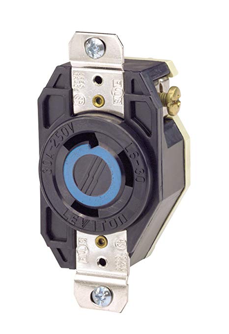 Leviton 2620 30 Amp, 250 Volt, Flush Mounting Locking Receptacle, Industrial Grade, Grounding, V-0-MAX, Black