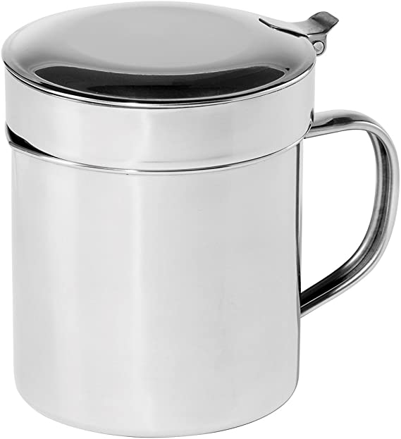 Oggi Stainless Steel Grease Can with Hinged Lid and Removable Strainer - 1 Quart