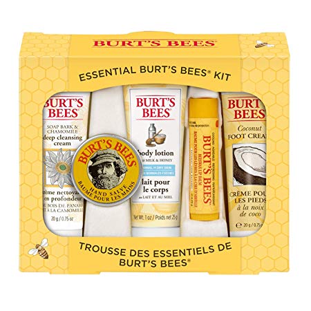 Burts Bees Essential Everyday Beauty Gift Set, 5 Travel Size Products - Deep Cleansing Cream, Hand Salve, Body Lotion, Foot Cream and Lip Balm