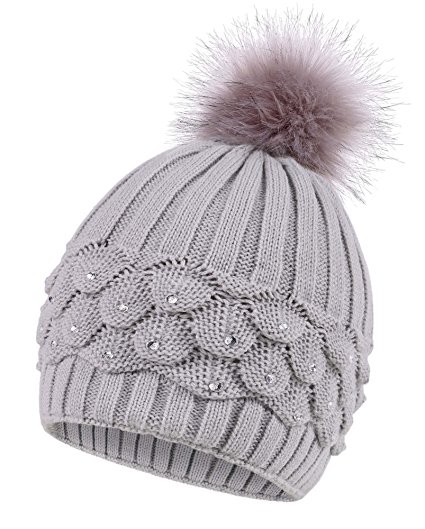 Arctic Paw Cable Knit Beanie with Sequins and Faux Fur Pompom