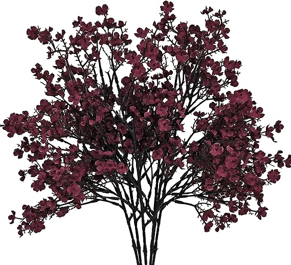 Mandy's 6 Bundles Burgundy Flowers Silk Babys Breath Artificial Flowers Fall Flowers Gypsophila Bouquet 19.7" for Home Kitchen Wedding Party Decorations (Vase not Include)