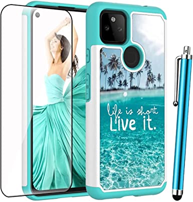 for Google Pixel 5A Case with Tempered Glass Screen Protector,Voanice Dual Layer Hybrid Shockproof Hard Plastic & Soft TPU Women Girls Phone Case Protective Bumper Cover for Google Pixel 5A 5G-Teal