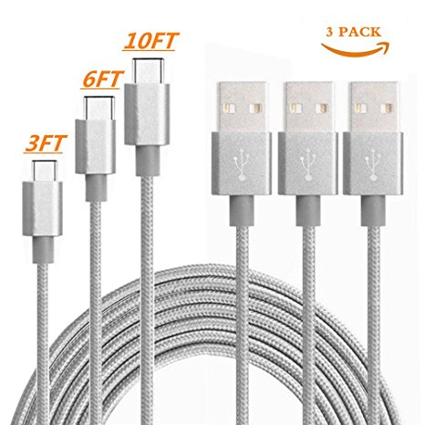 Type C Charger Cable,Nylon Braided USB Type C Long Cord Fast Charging Sync Cable for Samsung Galaxy S8,S8 Plus ,Apple New Macbook, Google Pixel,Nexus 6P/5X, LG G5 and More. (3Pack 3FT/6FT/10FT Silver)