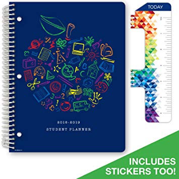 Dated Elementary Student Planner for Academic Year 2018-2019 (Block Style - 8.5"x11" - Blue Apple Cover) - Bonus Ruler/Bookmark and Planning Stickers