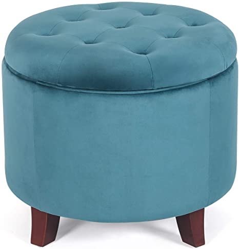 Adeco Tufted Round Ottoman with Storage- Upholstered Storage Ottoman Footstool Foot Rest with Removable Lid and Sturdy Wood Legs (Blue)