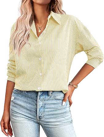 Zeagoo Striped Button Down Shirts for Women Casual Loose Long Sleeve Shirts Business Work Tunic Top