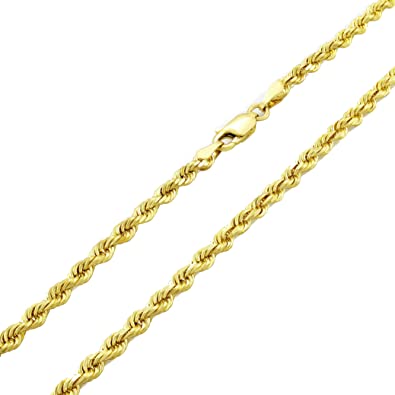 Nuragold 14k Yellow Gold 3mm Solid Rope Chain Diamond Cut Pendant Necklace, Mens Womens Lobster Clasp 16" 18" 20" 22" 24" 26" 28" 30" - Real Solid Gold Jewelry