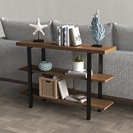 PrimeZone Industrial Console Table for Sofa - 43" Long Sturdy Wood Hallway Entryway Table with 3-Tier Shelves for Living Room, Easy to Assemble, Rustic Oak