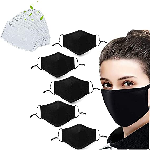 5 Pack Unisex Fashion Stretch Lightweight Cotton Covering Face and Mouth Reusable Washable Adjustable 3 Ply With 10PC Replacement Filters (5M 10F)