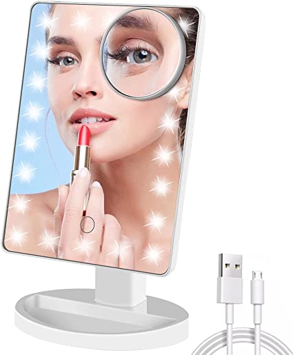 TRUSTLIFE Makeup Mirror Standing 180°Rotation Vanity Mirror with 22 LED Lights Touch Dimmable 10X Magnifying Function Tabletop Mirror for Makeup Shaving Facial Care Cosmetic Mirrors, White