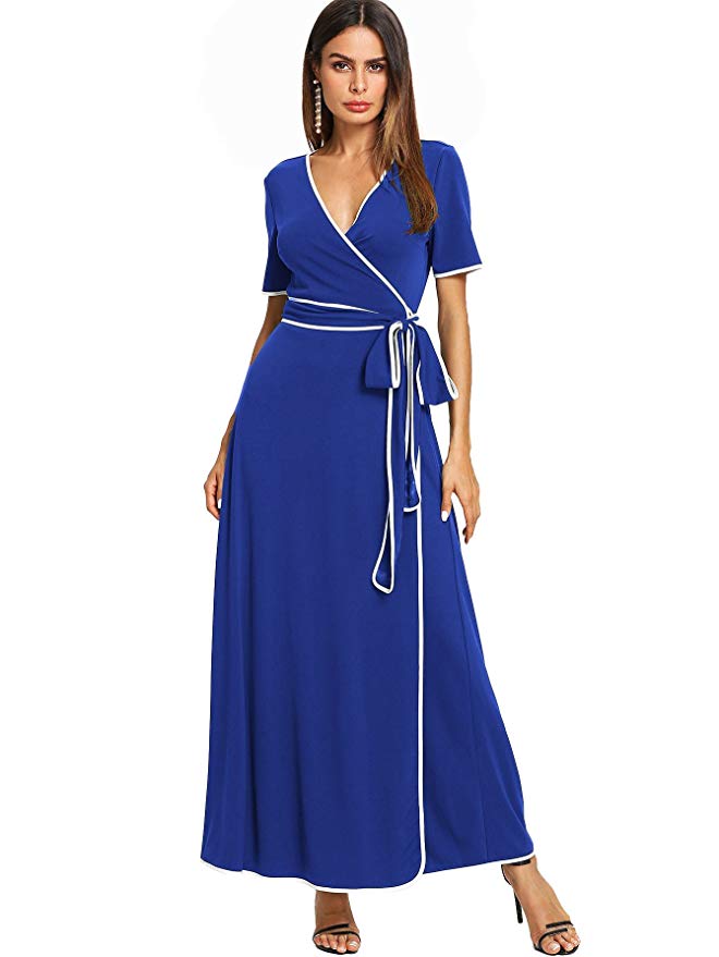 Romwe Women's Elegant Contrast Binding Belted Wrap Maxi Dress