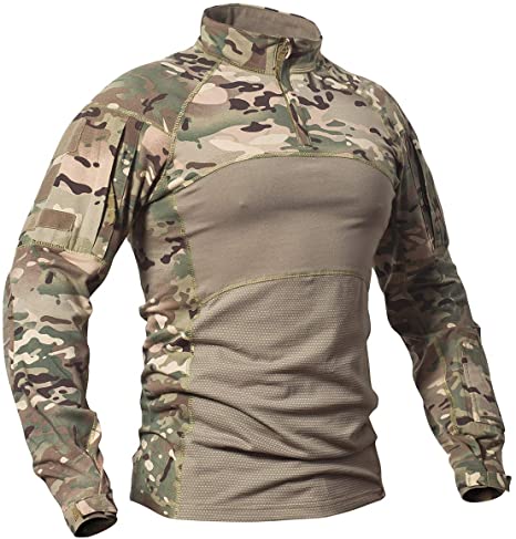 CARWORNIC Men's Tactical Military Assault Combat Shirt Long Sleeve Slim Fit Camo T Shirt with Zipper