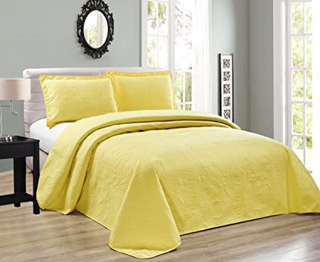 Mk Collection 3pc Full/Queen Oversize Luxurious Embossed Coverlet Bedspread Set Solid Yellow New