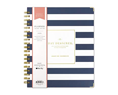 Day Designer for Blue Sky 2019 Weekly & Monthly Planner, Hardcover, Twin-Wire Binding, 8" x 10", Navy Stripe Design