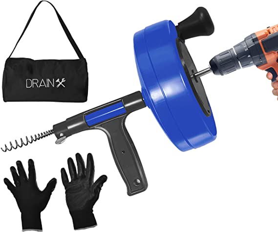 DrainX Power Pro 35-FT Steel Drum Auger Plumbing Snake with Drill Attachment | Use Manually or Powered | Heavy Duty Drain Cleaning Cable with Work Gloves and Storage Bag Included