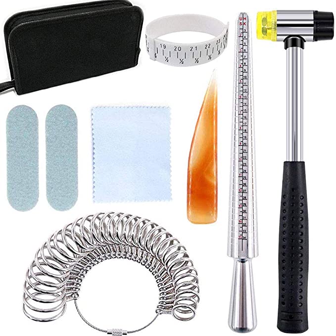 Jewelry Ring Sizer Measuring Tools Set,Includes Metal Ring Mandrel,Rubber Hammer,Ring Sizer Guage, Agate Scratching Tool,Polishing Stick,Polishing Cloth and Bracelet Gauge Sizer