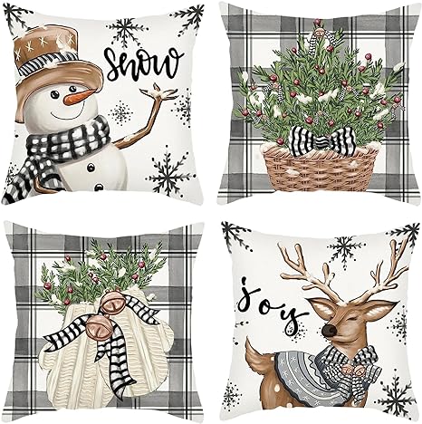 ALINK Christmas Pillow Covers 18x18 Set of 4 Snowman Reindeer Throw Pillow Covers Cushion Cases Winter Decorative Farmhouse Pillowcases for Sofa Couch Living Room Home Decor