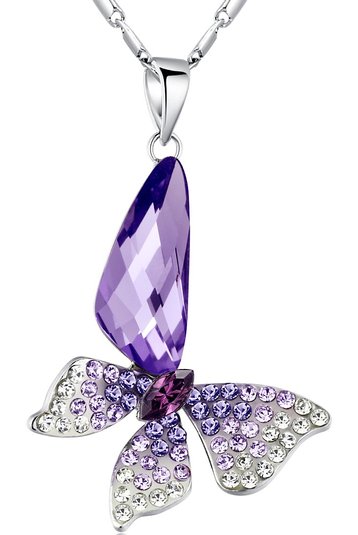 Stylized Butterfly Wing Drop Austrian Crystal Pendant Necklace (Purple)