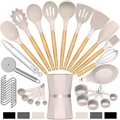 Silicone Cooking Kitchen Utensil Set, Umite Chef 34pcs Heat Resistant Kitchen Utensils with Holder, Khaki Kitchen Spatula Set with Wooden Handle, Kitchen Gadget Tools for Nonstick Cookware(BPA Free)