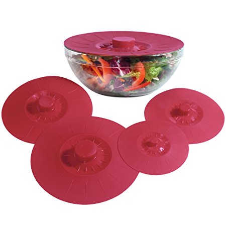 Silicone Bowl Lids Red, Set of 5 Reusable Suction Seal Covers for Bowls, Pots, Cups. Food Safe