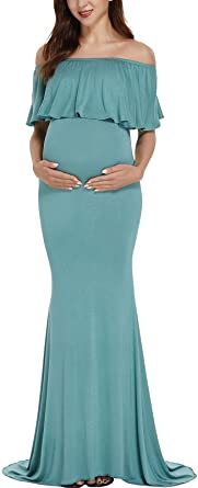Love2Mi Womens Off Shoulder Ruffles Maternity Dress Mama Photography Slim Fitted Gown for Baby Shower
