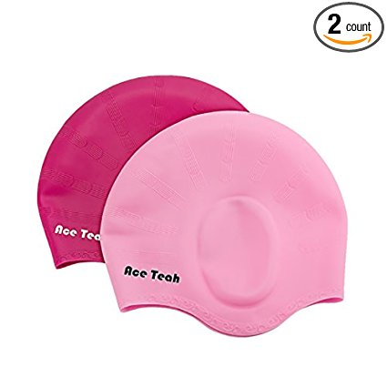 Swimming Caps, 2 Pack Ace Teah Silicone Swim Bathing Caps with Ear Pockets Pouches Waterproof for Adult Swimmers Men, Women, Boys and Girls