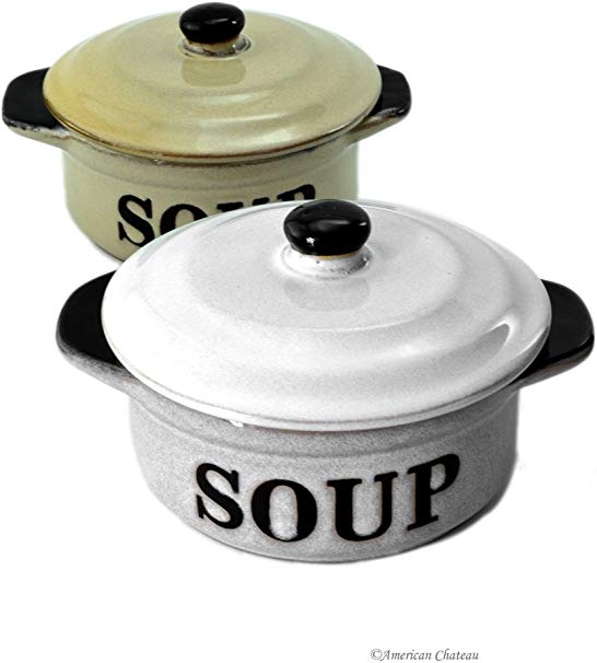 Set 2 Stoneware Vintage-Style 10oz French Onion "Soup" Crock Bowls with Lids