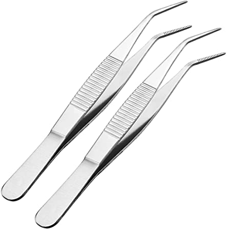 uxcell 2 Pcs 5-Inch Stainless Steel Tweezers with Curved Pointed Serrated Tip