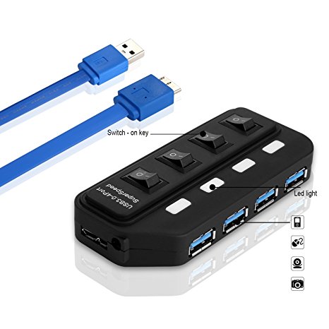 USB 3.0 Hub, GSPON 4-Port Super Speed Powered USB Hub Splitter with independent Switch for Laptops, Ultrabooks and Tablet PC