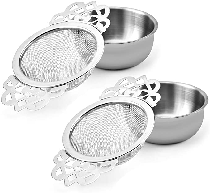 Picowe 2 Pack Tea Strainer Bowl, Stainless Steel Tea Strainers for Loose Tea Fine Mesh, Fit 2.5-4 Inch Cup Mouth(Silver)
