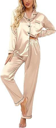 Ekouaer Women's Classic Button Down Long Satin Silk Pajama Set