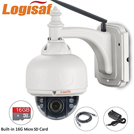 Logisaf 2.0 MegaPixel 1080P Pan/Tilt/Zoom PTZ Wireless WiFi IP Camera Network Outdoor Waterproof Dome Security Surveillance 16G Micro SD Card Built-in, 1920x1080 Resolution