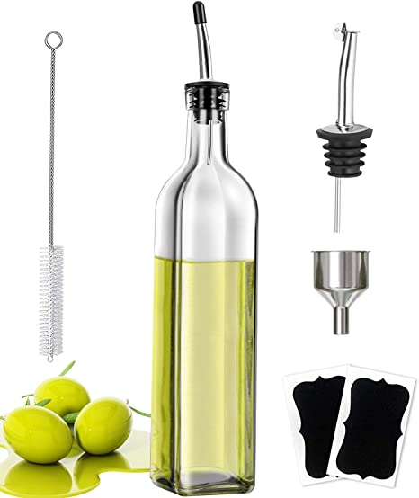 Olive Oil Bottle Glass Oil Dispenser 500ML,Come With a Replacement Grease Nipple, Dispensing Funnel, Small Brush and Two Name Stickers,Clear Borosilicate Oil Bottle for Kitchen, Cooking Oil Container